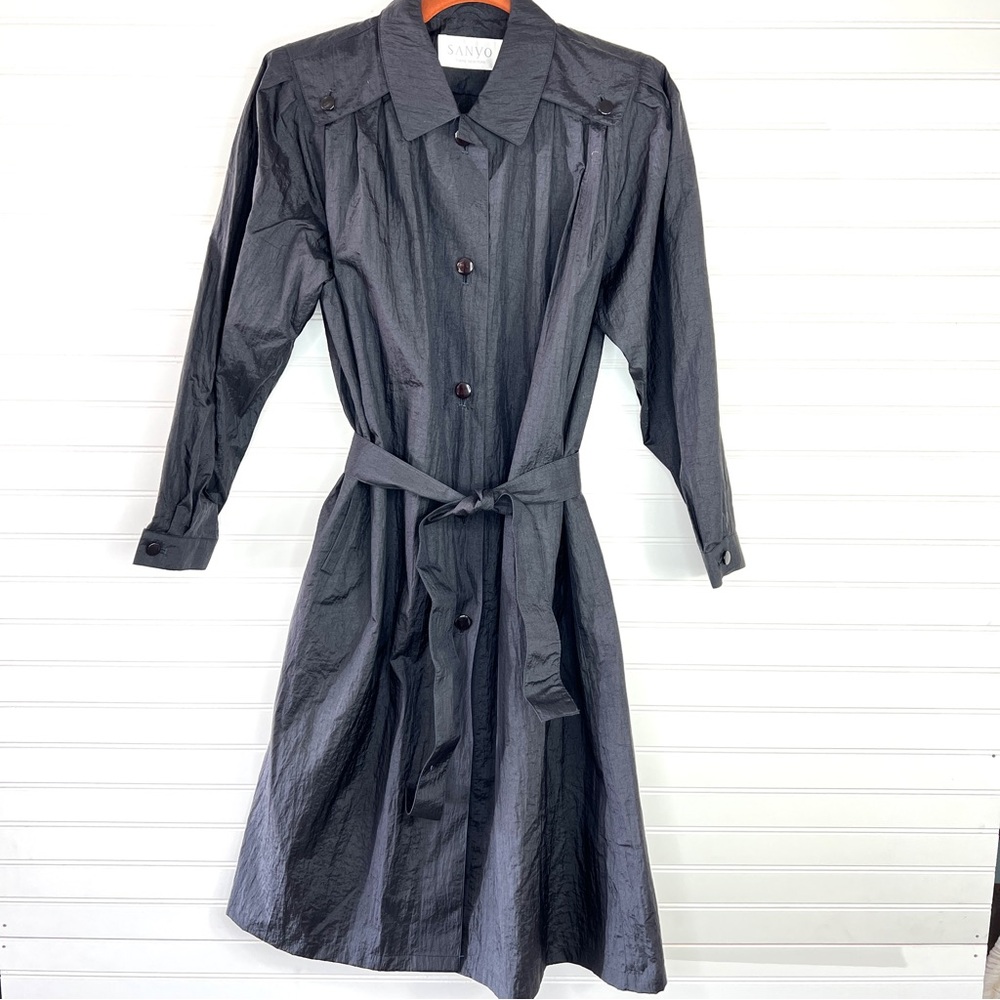 Y2K Sanyo Tokyo New York Belted Nylon Trench Coat Black Crinkle Long Jacket 7AR